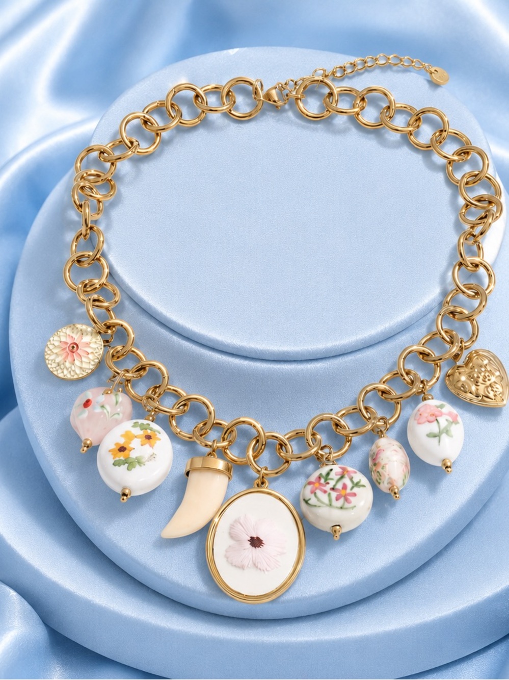 Vintage Floral Porcelain Charm Necklace